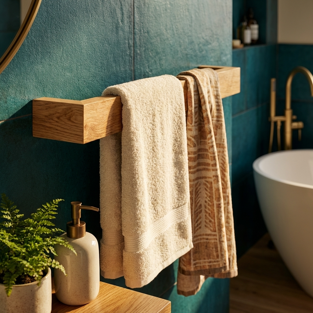 Towels hanging on a wooden towel rack in a bathroom with a teal wall and white bathtub.
