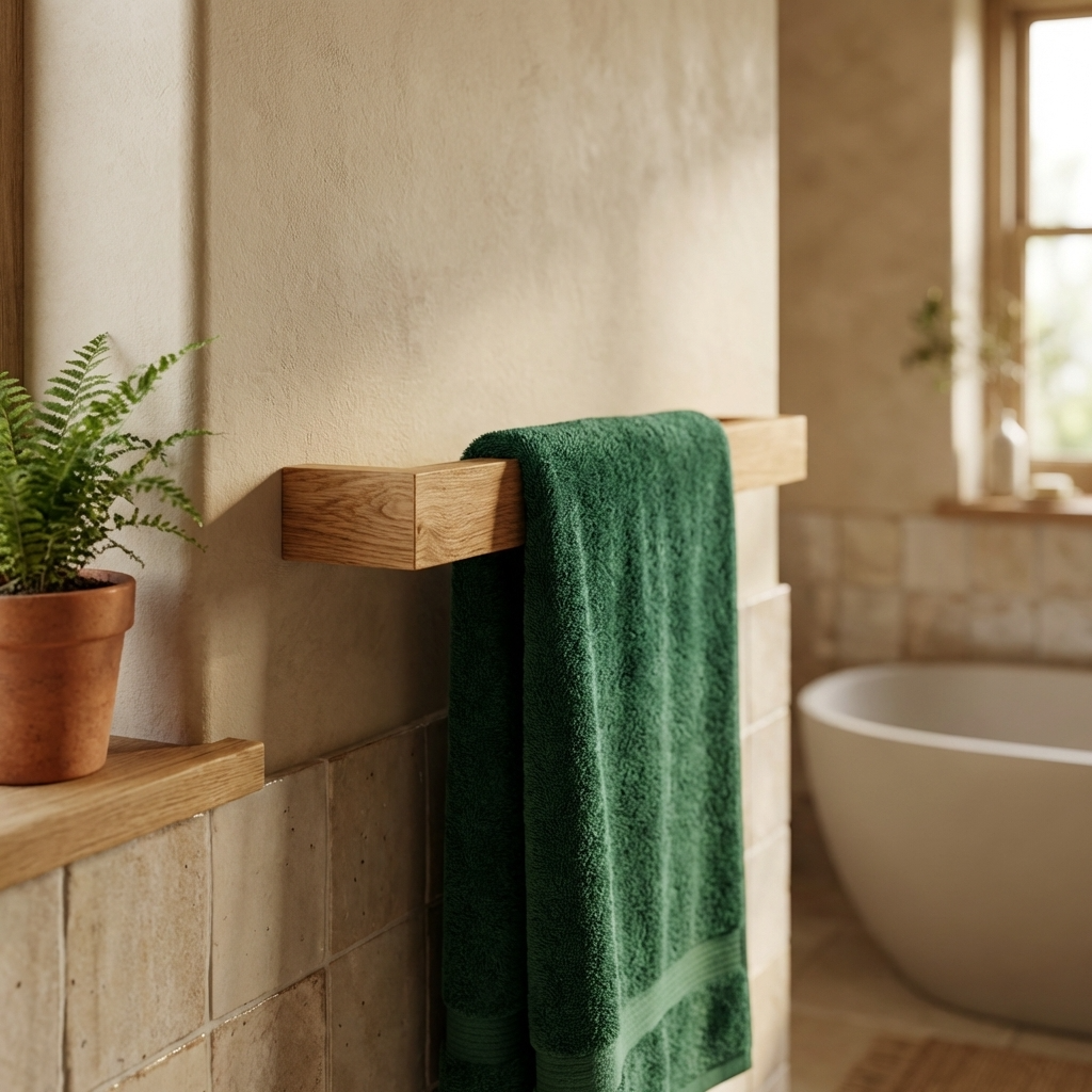 Wall-mounted oak towel rail, space-saving design, premium bathroom accessory