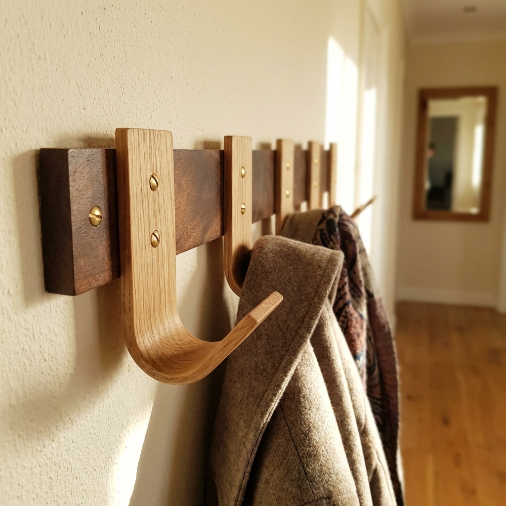 Front view of handcrafted steam-bent walnut coat rack with oak hooks